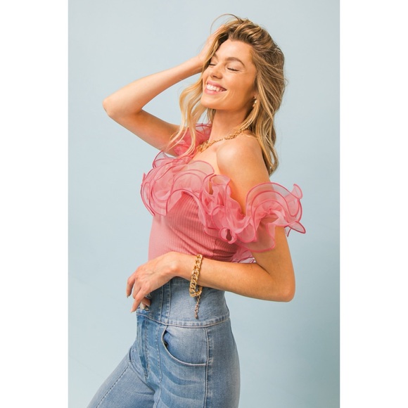 Flying Tomato Pink Organza Trimmed Ribbed Cotton Sleeveless Bodysuit - Picture 3 of 11